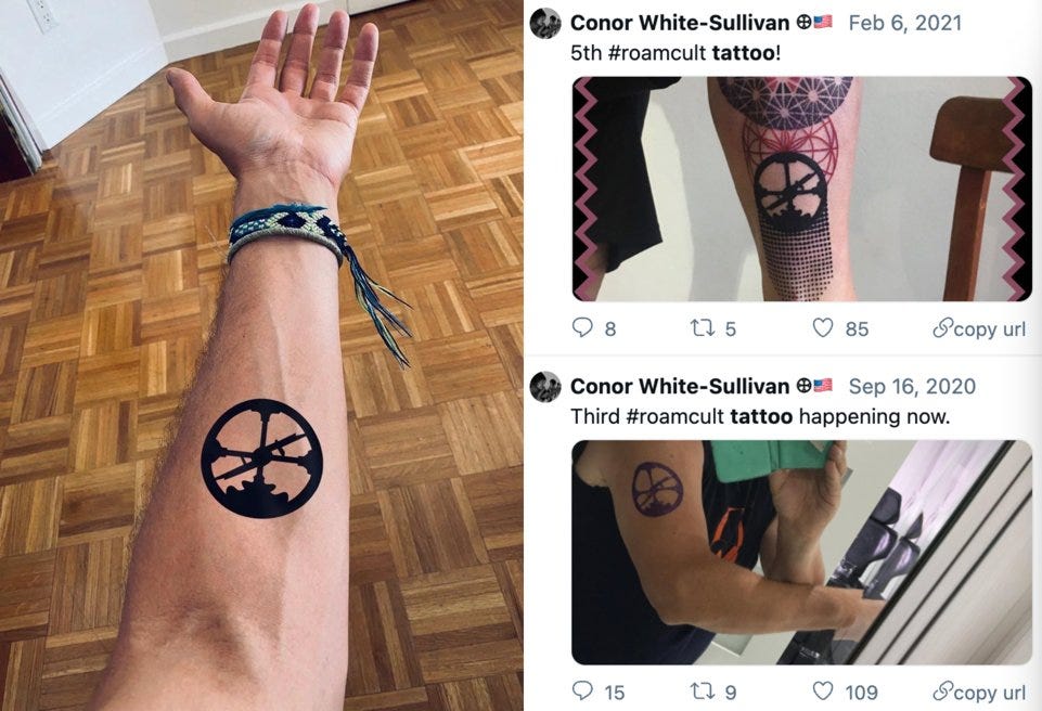 Composite: a forearm tattoo of the Roam logo beside the founder's posts counting his tattoos.